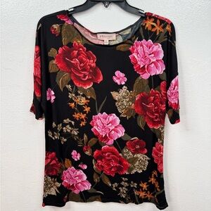 Philosophy Blouse Womens M Black Rose Floral Print Scoop Neck Short Sleeve Top